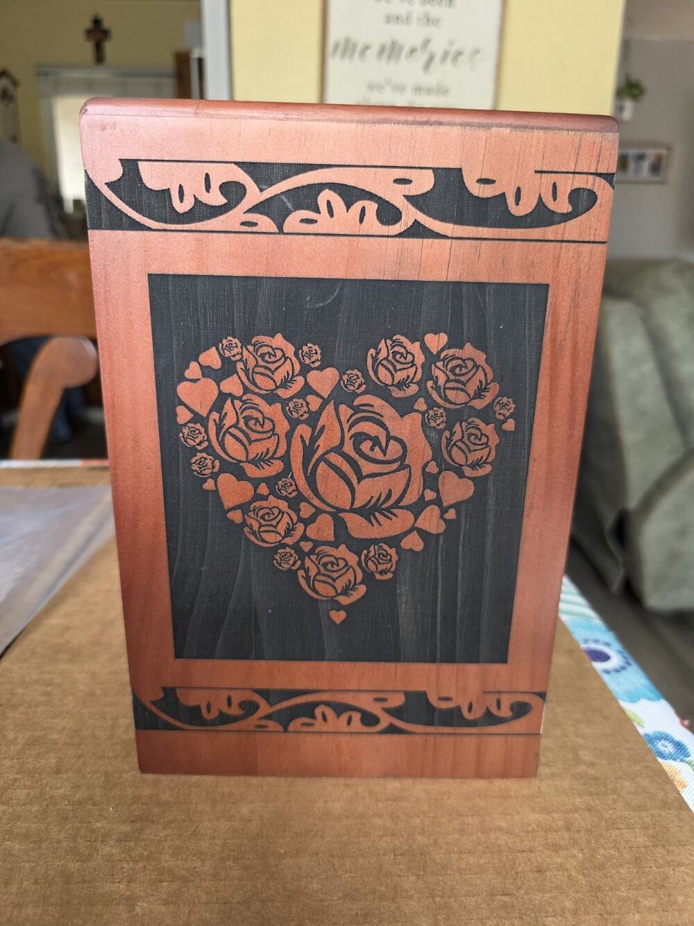 Wooden Cremation Urn Heart Rose Engraved With Velvet Bag For Ashes